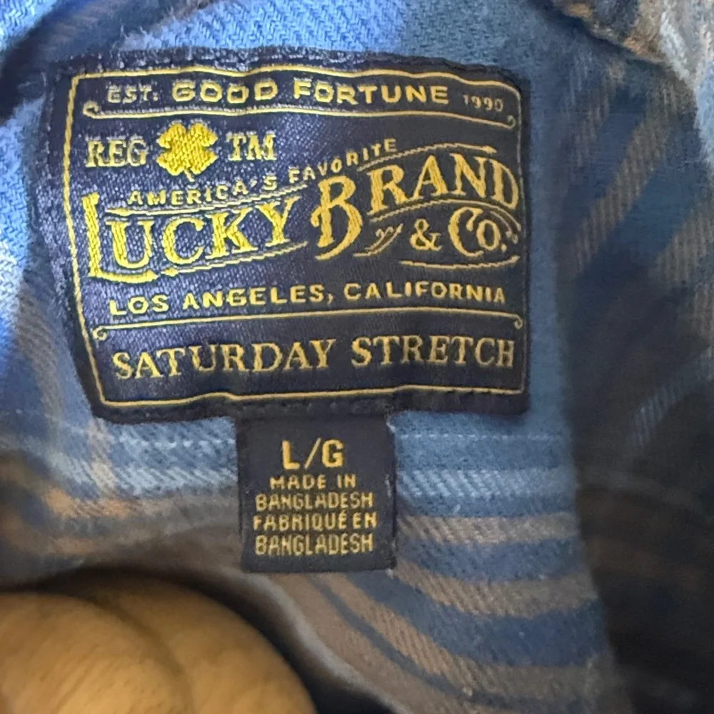 Lucky Brand Santa Fe Western Flannel Shirt Blue Gold White Plaid Snap Closure L